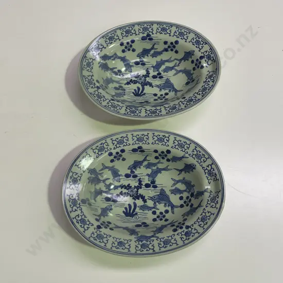 Pair of Japanese Underglaze blue Bowls decorated with coy fish, coral etc. 28 x 22cm H7cm