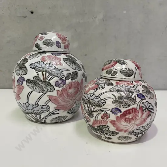 Pair of Chinese Ginger Jars with Lotus, water lily incised and handpainted decoration. H16 H12cm