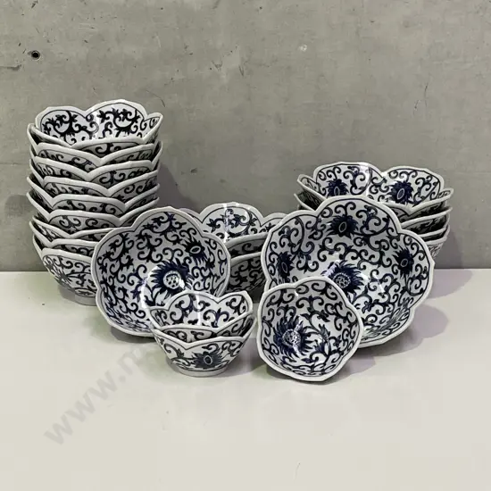 Large selection of Chinese Lotus Bowls. 3 small, 12 medium and 5 large. Dark Blue Floral pattern