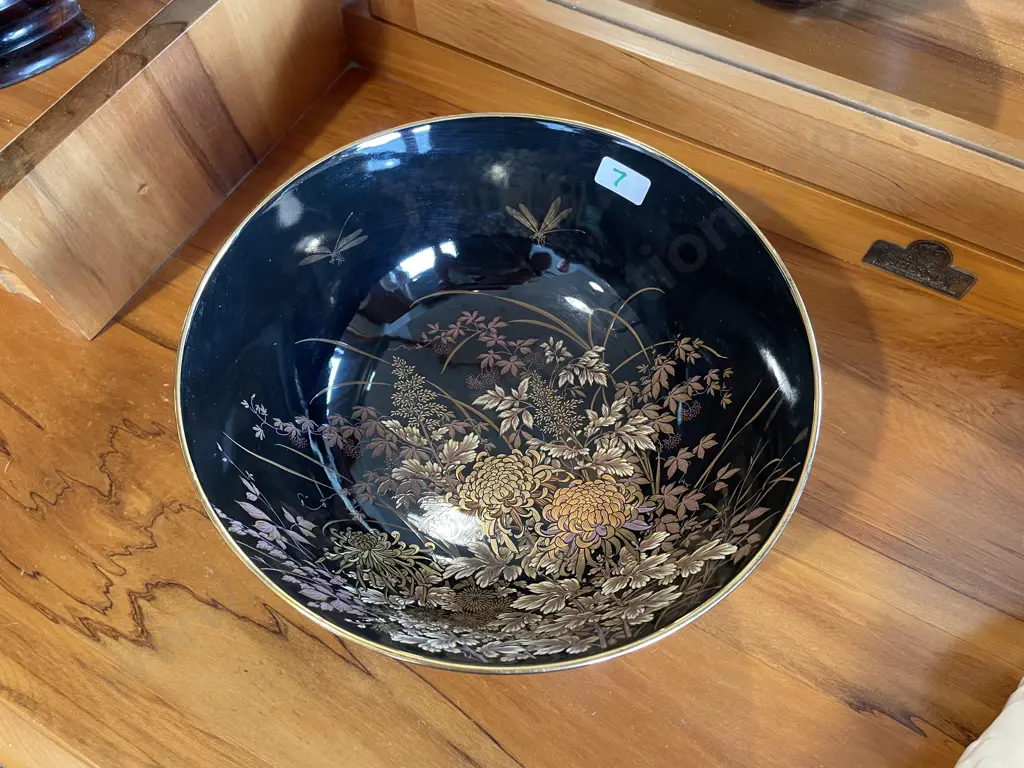 Decorative Asian Bowl with Gilded and Enamelled Floral and DragonFly Decoration. H10 Dia23cm Image 1++