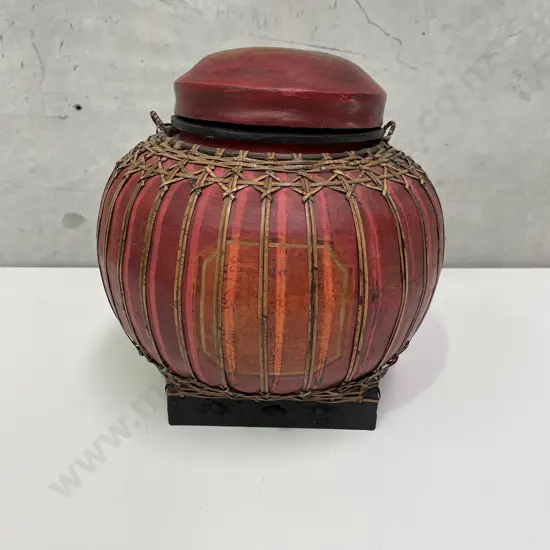 Burmese Lacquered Bamboo Rice Storage Container with Lid, 31 x 33cm
