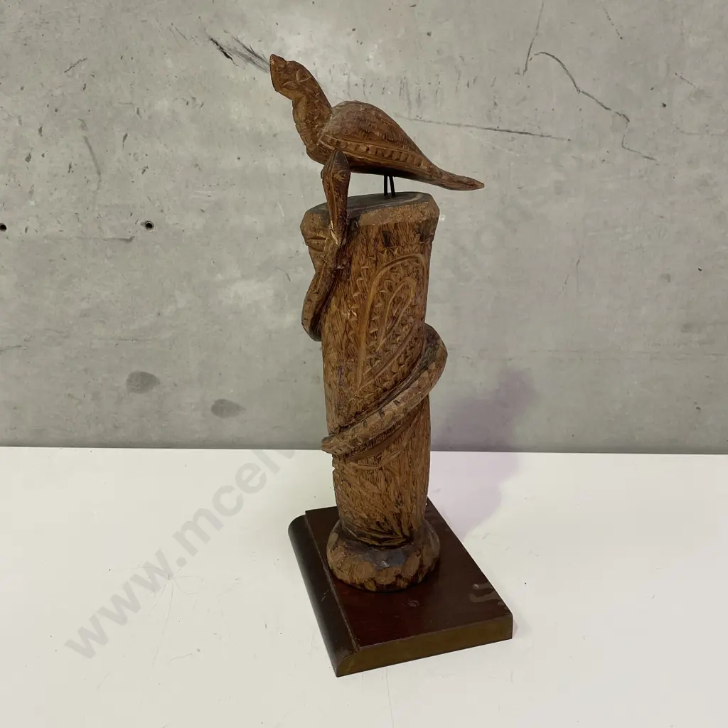 Carved Wooden Snake and Bird Figurine on wooden plinth. H37cm Image 1++