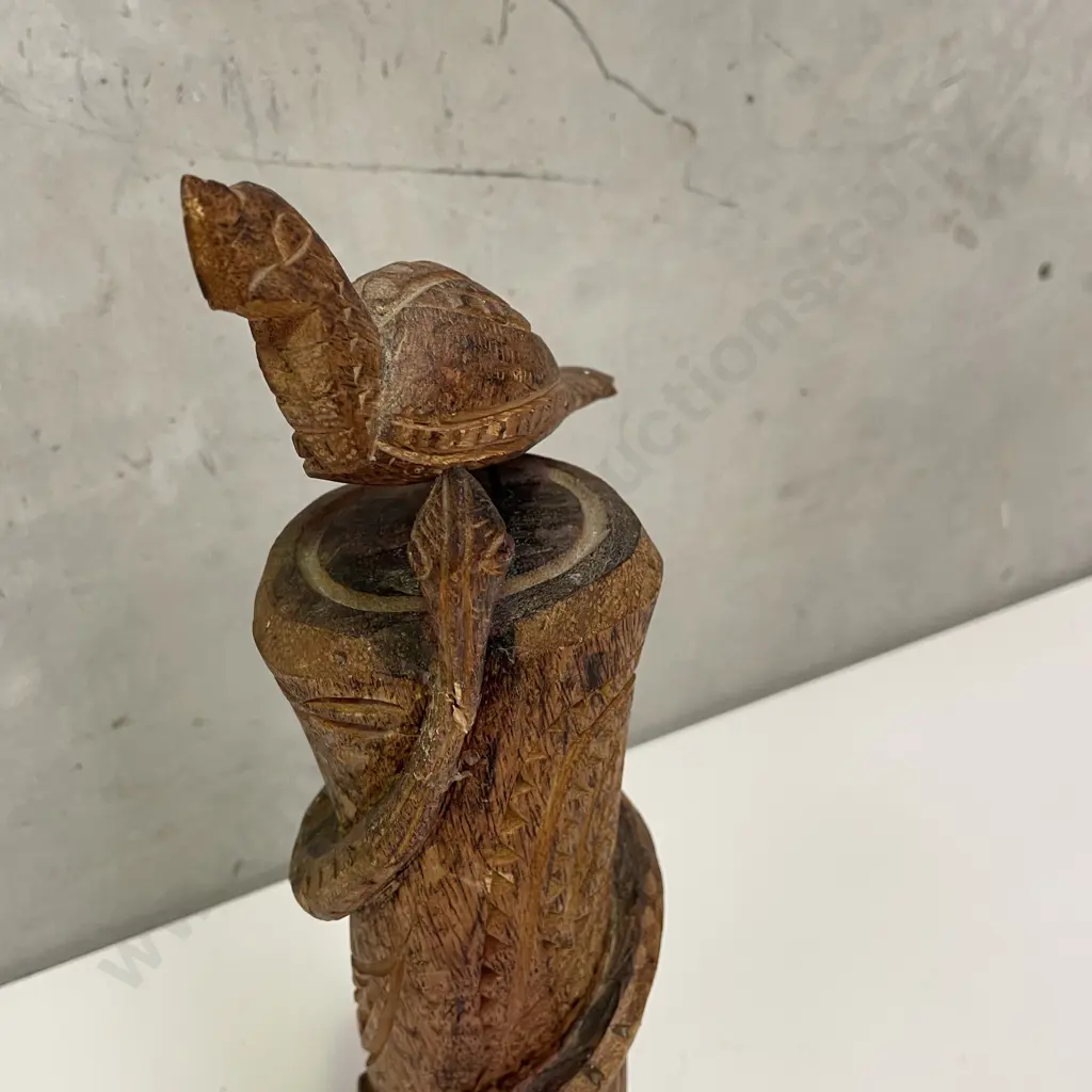 Carved Wooden Snake and Bird Figurine on wooden plinth. H37cm Image 1++