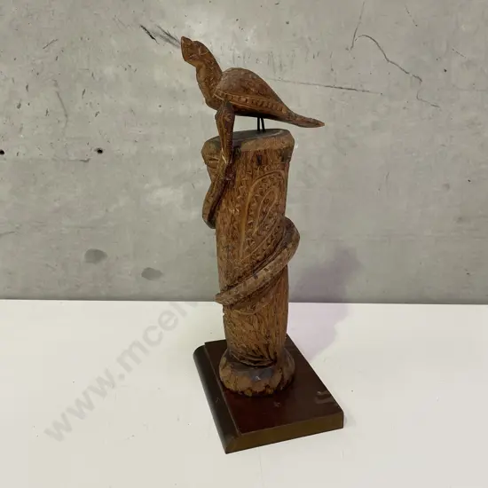 Carved Wooden Snake and Bird Figurine on wooden plinth. H37cm