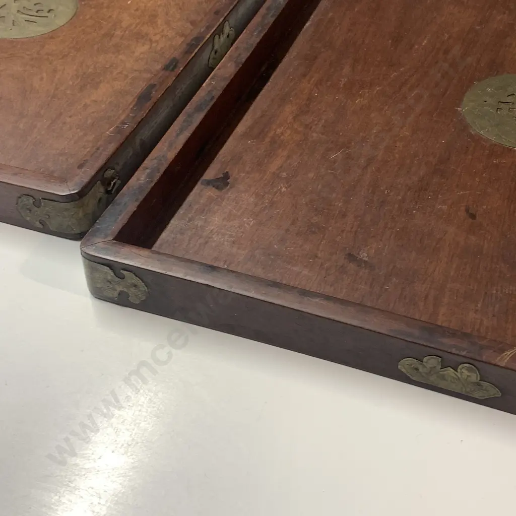 Pair of Wooden Serving Trays with Brass Emblems and Detail. 38 x 31cm & 46 x 38cm Image 1++