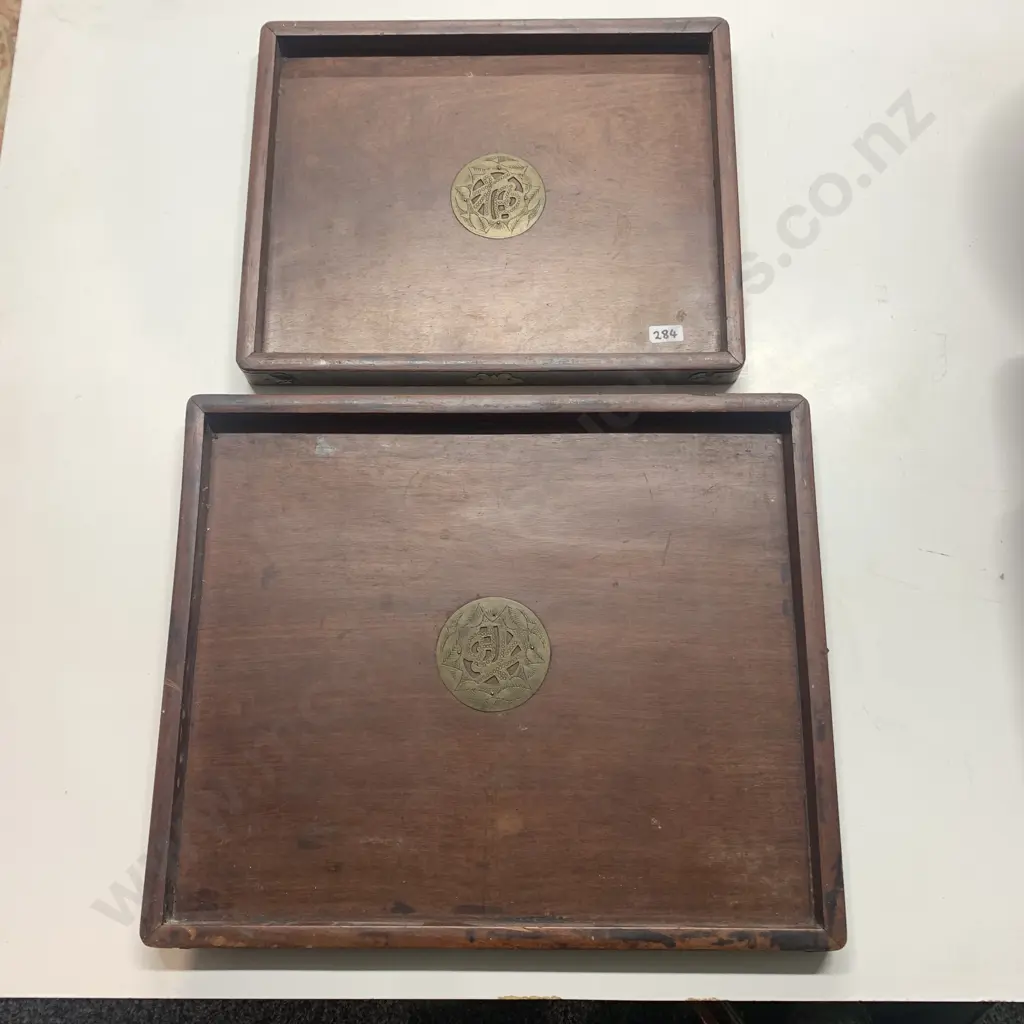 Pair of Wooden Serving Trays with Brass Emblems and Detail. 38 x 31cm & 46 x 38cm Image 1++
