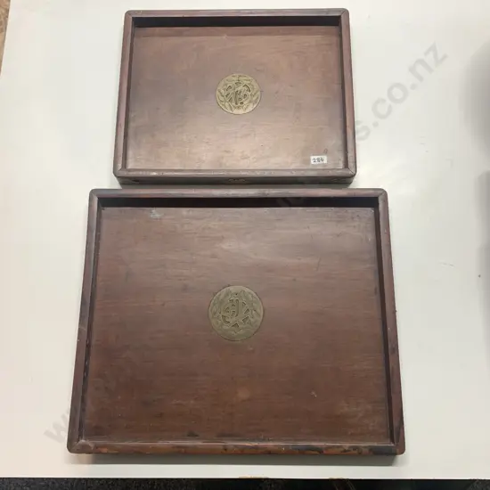 Pair of Wooden Serving Trays with Brass Emblems and Detail. 38 x 31cm & 46 x 38cm