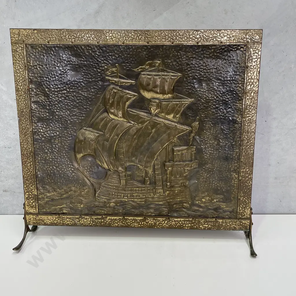 Vintage Beaten Brass Fire Screen. Ship Decoration. H62 W67cm Image 1++