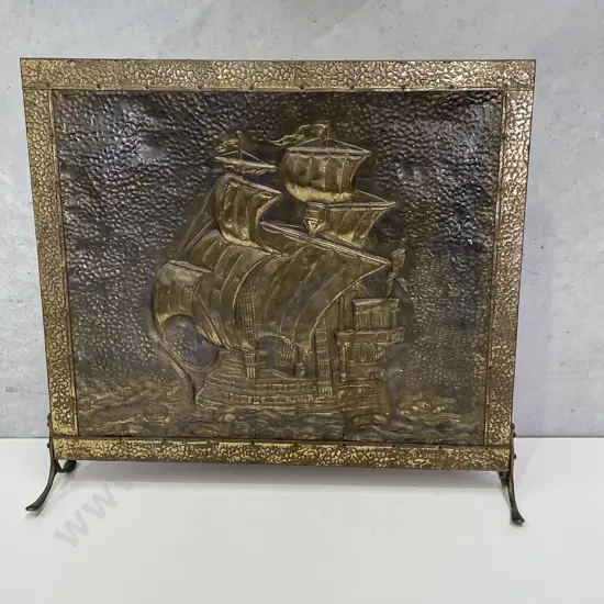 Vintage Beaten Brass Fire Screen. Ship Decoration. H62 W67cm