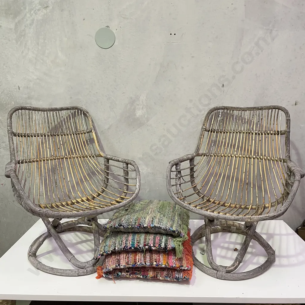 Pair Vintage Cane Chairs with woven Retro Cushions. Round base. Solid with sun fading Image 1++