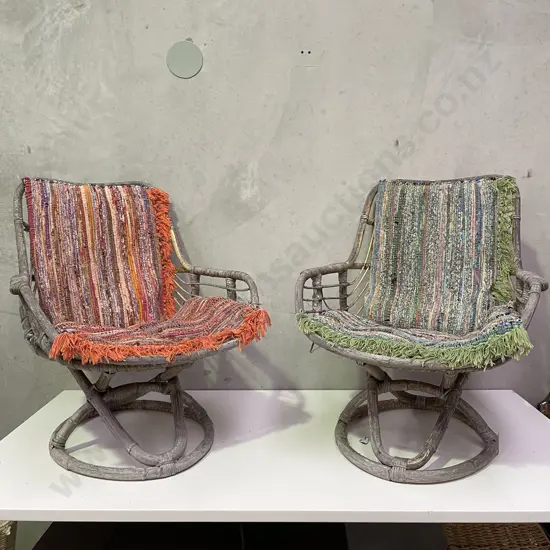 Pair Vintage Cane Chairs with woven Retro Cushions. Round base. Solid with sun fading