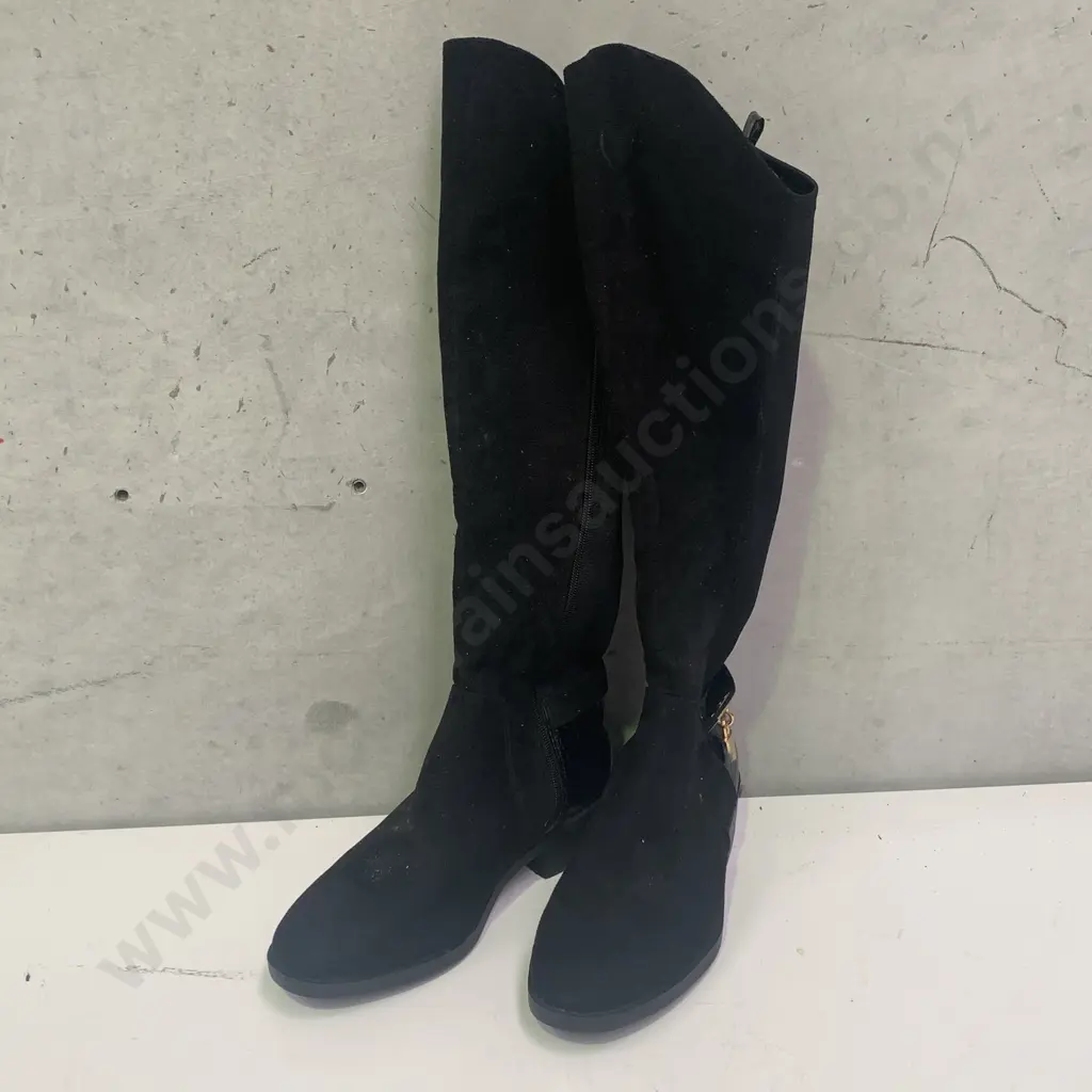 Pair of as new Ladies Black Dress Boots with Gold Buckle Image 1++