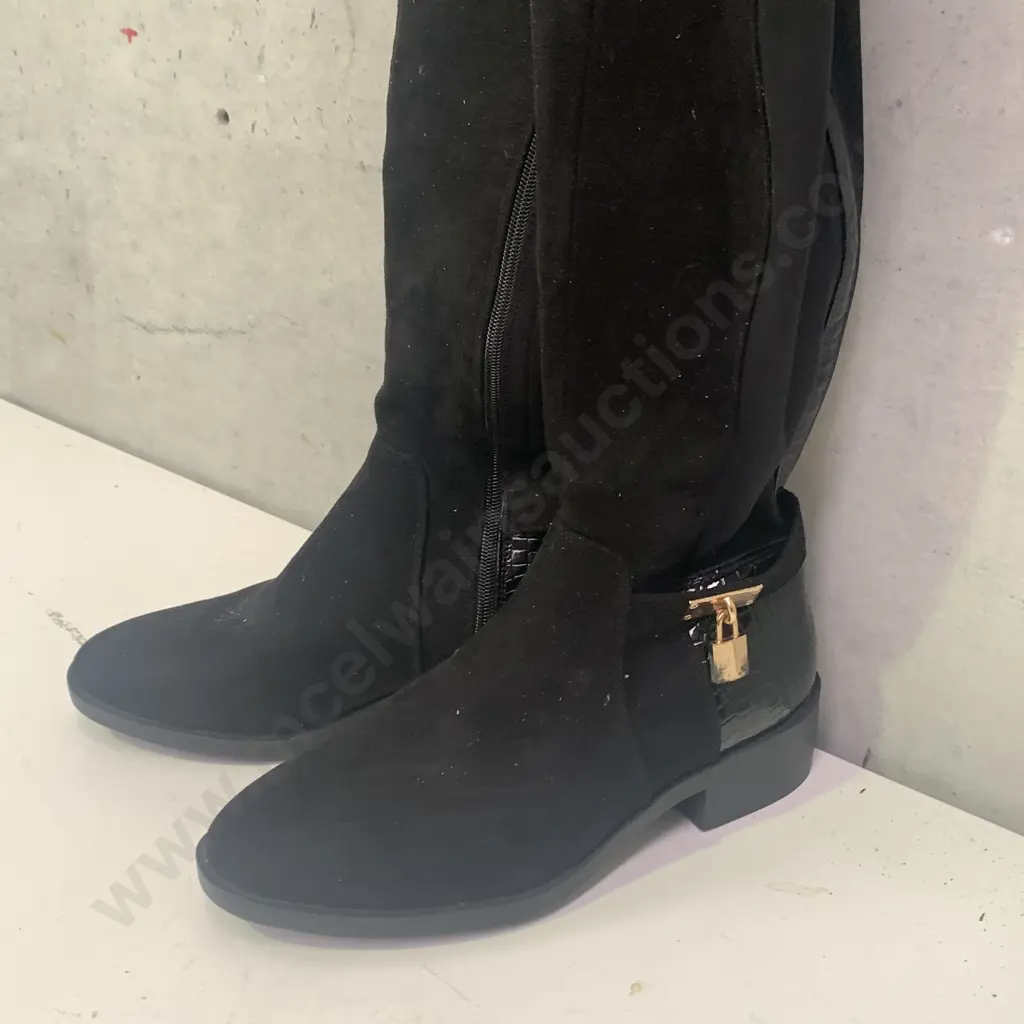 Pair of as new Ladies Black Dress Boots with Gold Buckle Image 1++
