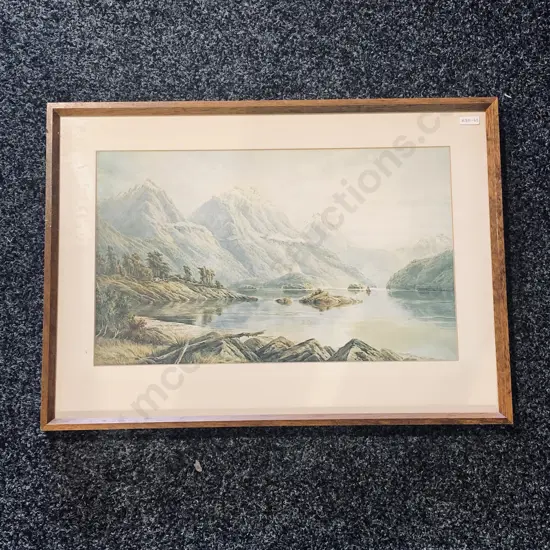 Vintage Wooden Framed and Glazed Print, Isthmus Cove Lake Manapouri - L.W. Wilson Private Collection