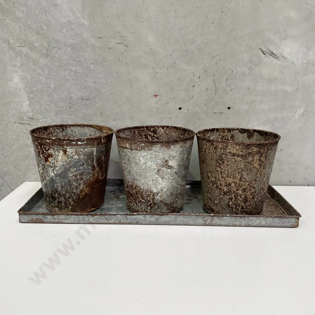 Set of three rustic Planters on undertray. Oxidised tin Image 1++