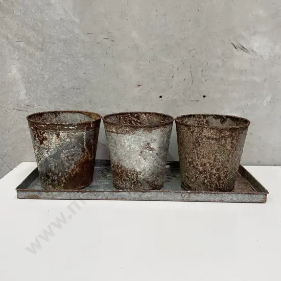 Set of three rustic Planters on undertray. Oxidised tin