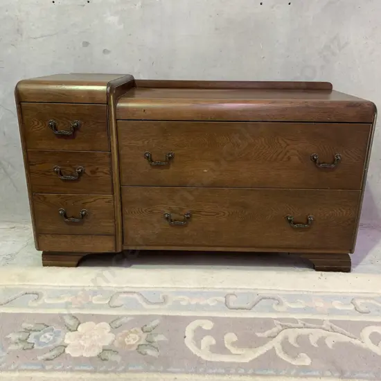 Vintage Solid Oak Art Deco Lowboy. 5 drawers, original metal handles. H69 D44 W118cm 