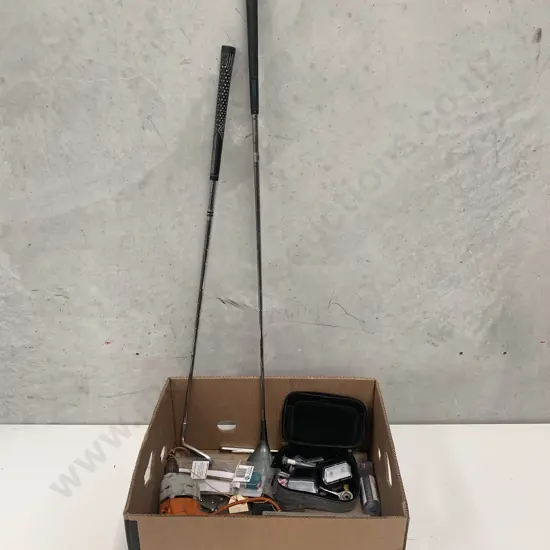 Huge Box lot of Various tools, Hinges, Clamps, Bolts, Magnets, Thermostat, Drill, Golf Clubs etc