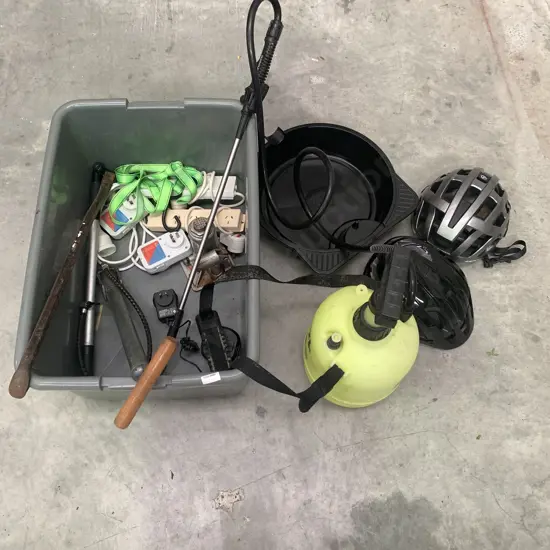 Grey Plastic Box with Assorted items including sprayer, pumps etc