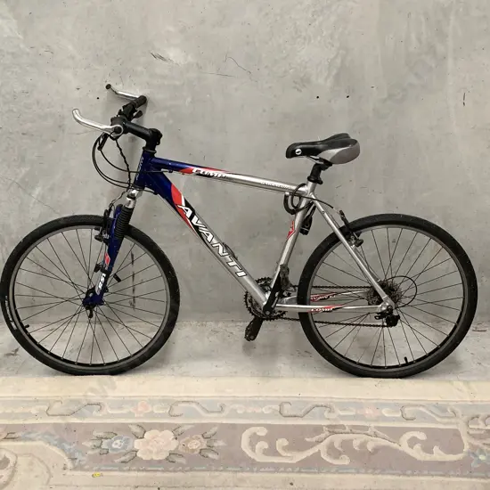 Avanti Comp Barracuda Road Bike. Black chain and lock. Silver/blue/red/white