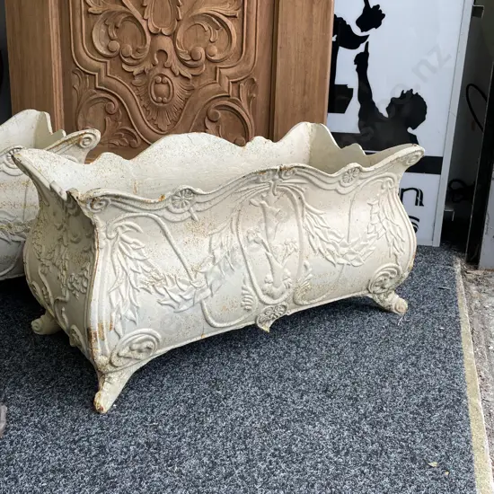 Cast Iron Ornate Footed Trough Planter, Antique Cream Colour, H32 W62 D32cm, 28Kg