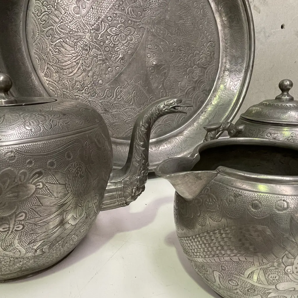 Antique Chinese Kut Hing Pewter Swatow 3 Piece Teaset with Tray. Incised floral, dragon and bird decoration Image 1++