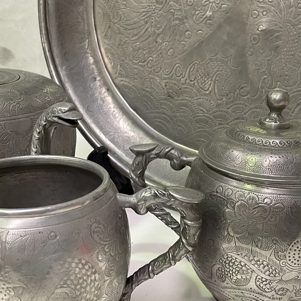 Antique Chinese Kut Hing Pewter Swatow 3 Piece Teaset with Tray. Incised floral, dragon and bird decoration Image 1++