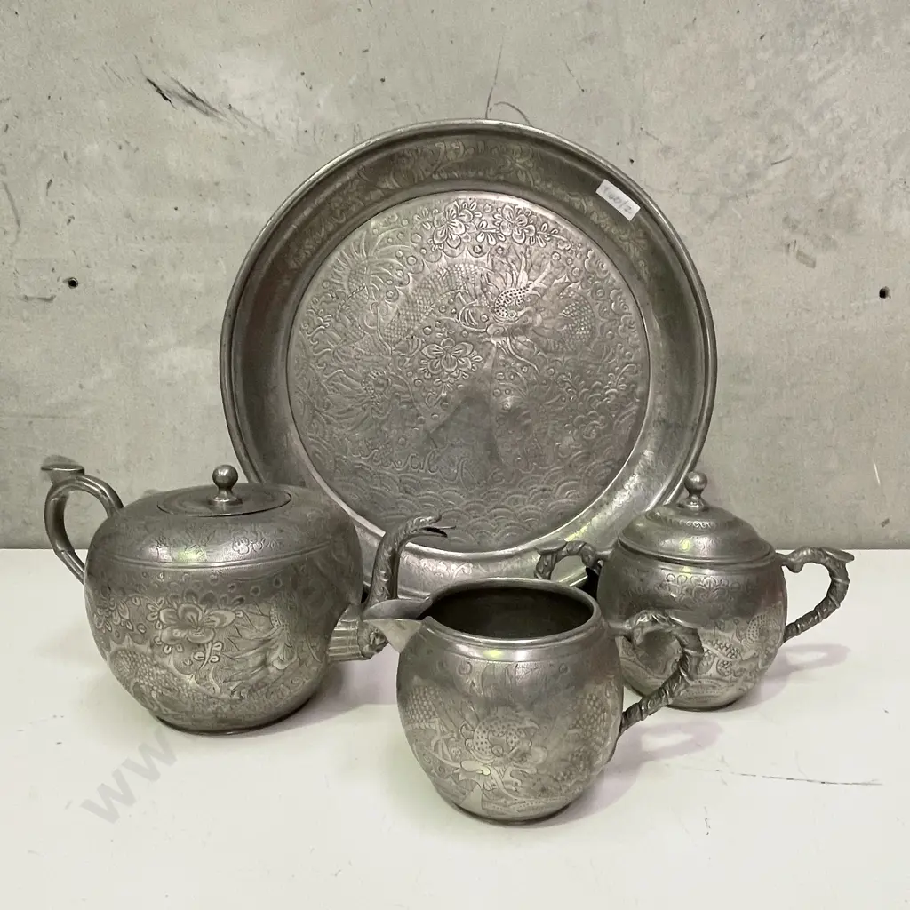 Antique Chinese Kut Hing Pewter Swatow 3 Piece Teaset with Tray. Incised floral, dragon and bird decoration Image 1++