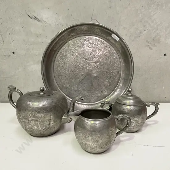 Antique Chinese Kut Hing Pewter Swatow 3 Piece Teaset with Tray. Incised floral, dragon and bird decoration