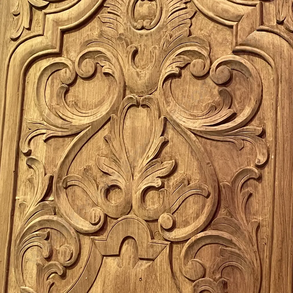 Vintage Solid Carved Teak Panel/Door. Carved both sides. H2.1m W75cm D4cm Image 1++