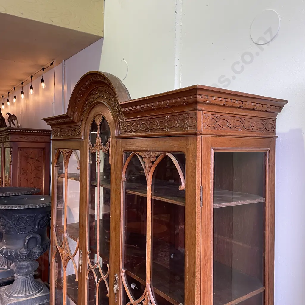 Stunning Antique Two piece Solid Wood Display Cabinet. Intricately carved Dome Top and Base. Image 1++