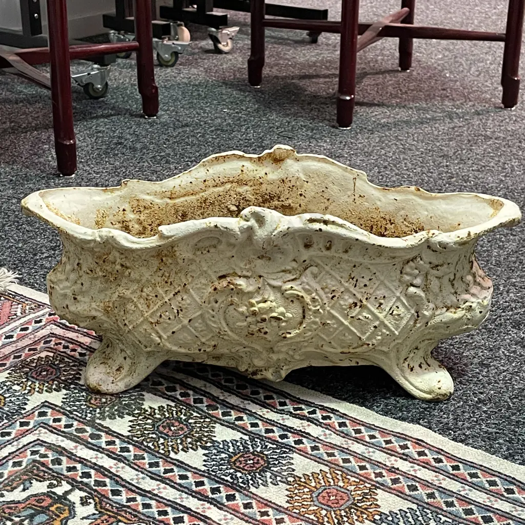 Cast Iron Ornate Oval Footed Planter, Cream Colour, H21 W48 D20.5cm, 12Kg Image 1++