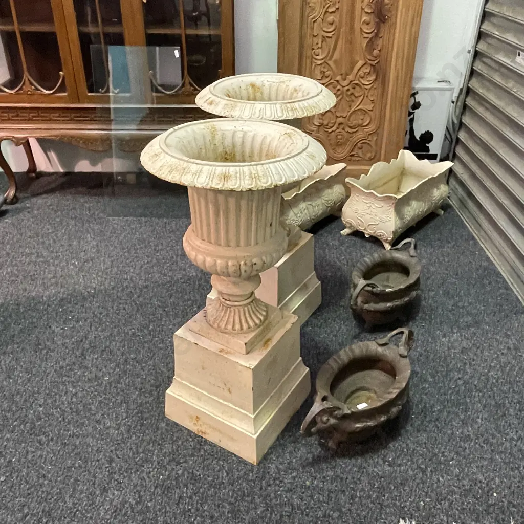 Pair of Cast Iron Classical Style Garden Urns On Plinths, Antique Cream Colour, 60 x 48cm on 35 x 36 x 36 Plinth Image 1++