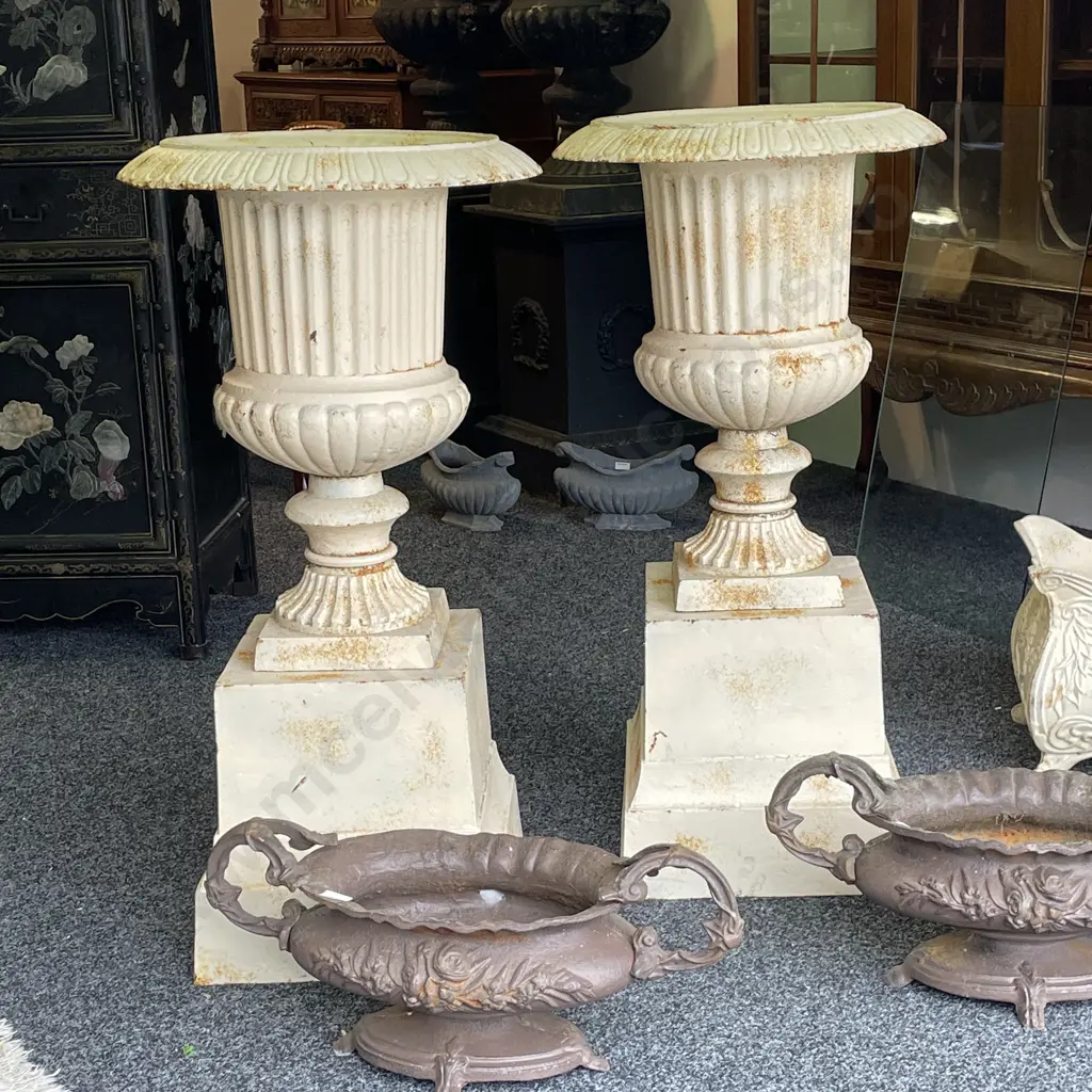 Pair of Cast Iron Classical Style Garden Urns On Plinths, Antique Cream Colour, 60 x 48cm on 35 x 36 x 36 Plinth Image 1++