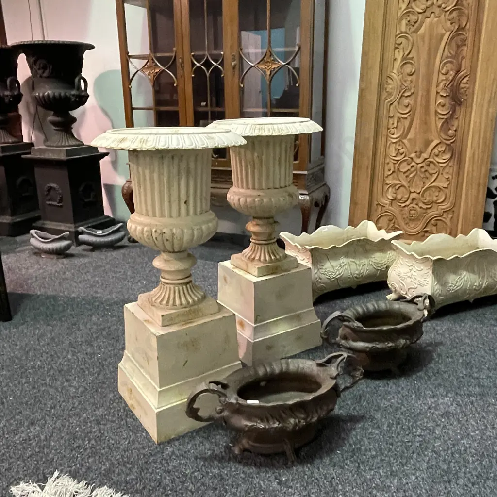 Pair of Cast Iron Classical Style Garden Urns On Plinths, Antique Cream Colour, 60 x 48cm on 35 x 36 x 36 Plinth Image 1++