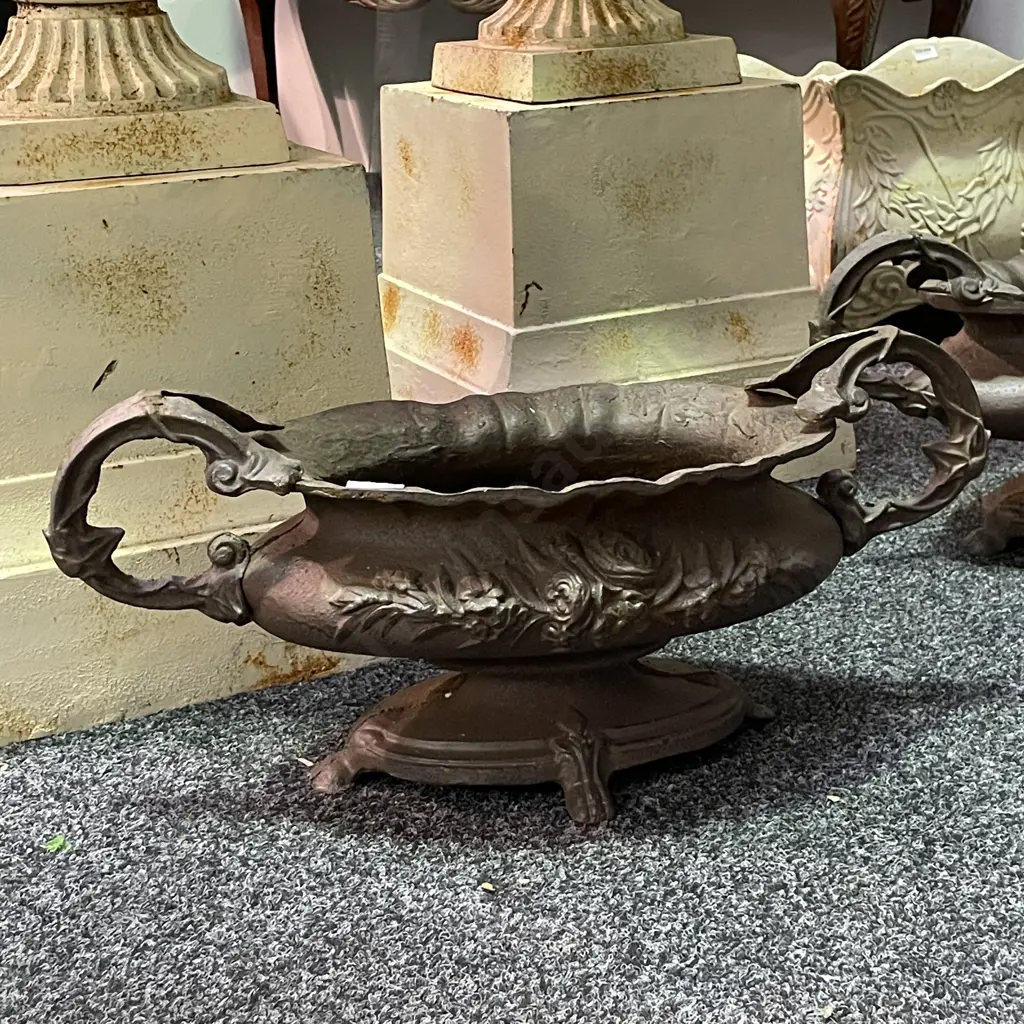 Cast Iron Ornate Oval Footed Double Handle Planter, Charcoal Colour, H26.5 W56 D25cm, 15Kg Image 1++