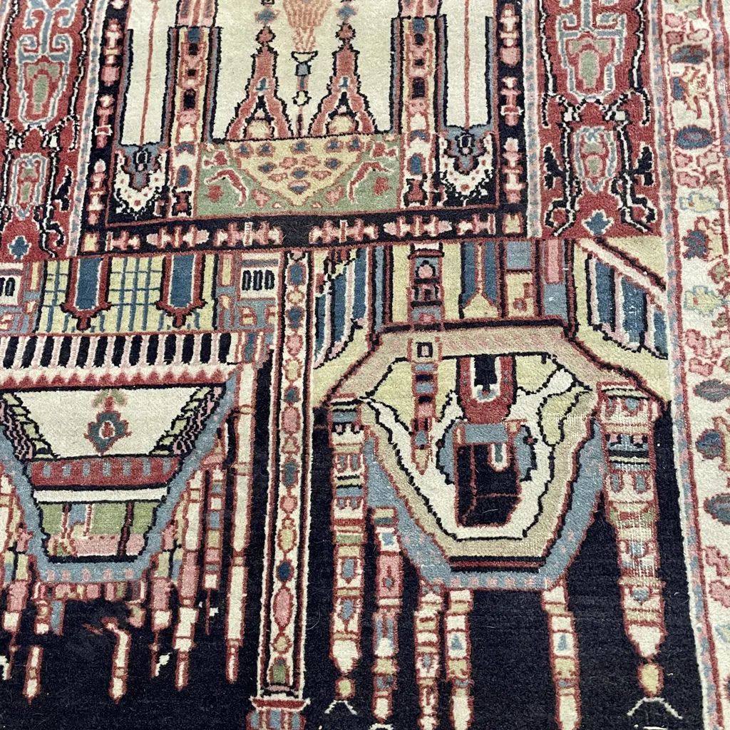 Persian Floor Rug. Multi-coloured Tones with Temple theme and cream fringing. 1.3m x .75 Image 1++