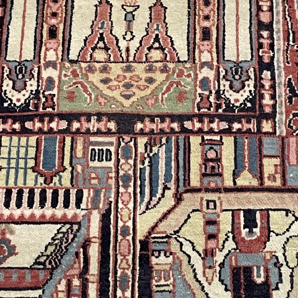 Persian Floor Rug. Multi-coloured Tones with Temple theme and cream fringing. 1.3m x .75 Image 1++