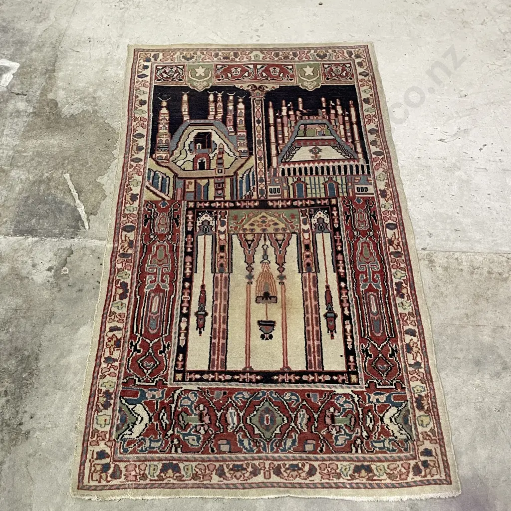 Persian Floor Rug. Multi-coloured Tones with Temple theme and cream fringing. 1.3m x .75 Image 1++