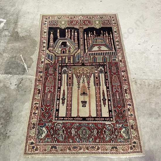 Persian Floor Rug. Multi-coloured Tones with Temple theme and cream fringing. 1.3m x .75