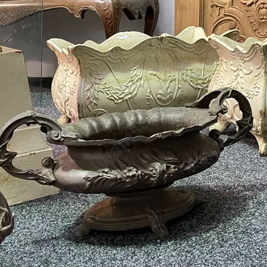 Cast Iron Ornate Oval Footed Double Handle Planter, Charcoal Colour, H26.5 W56 D25cm, 15Kg