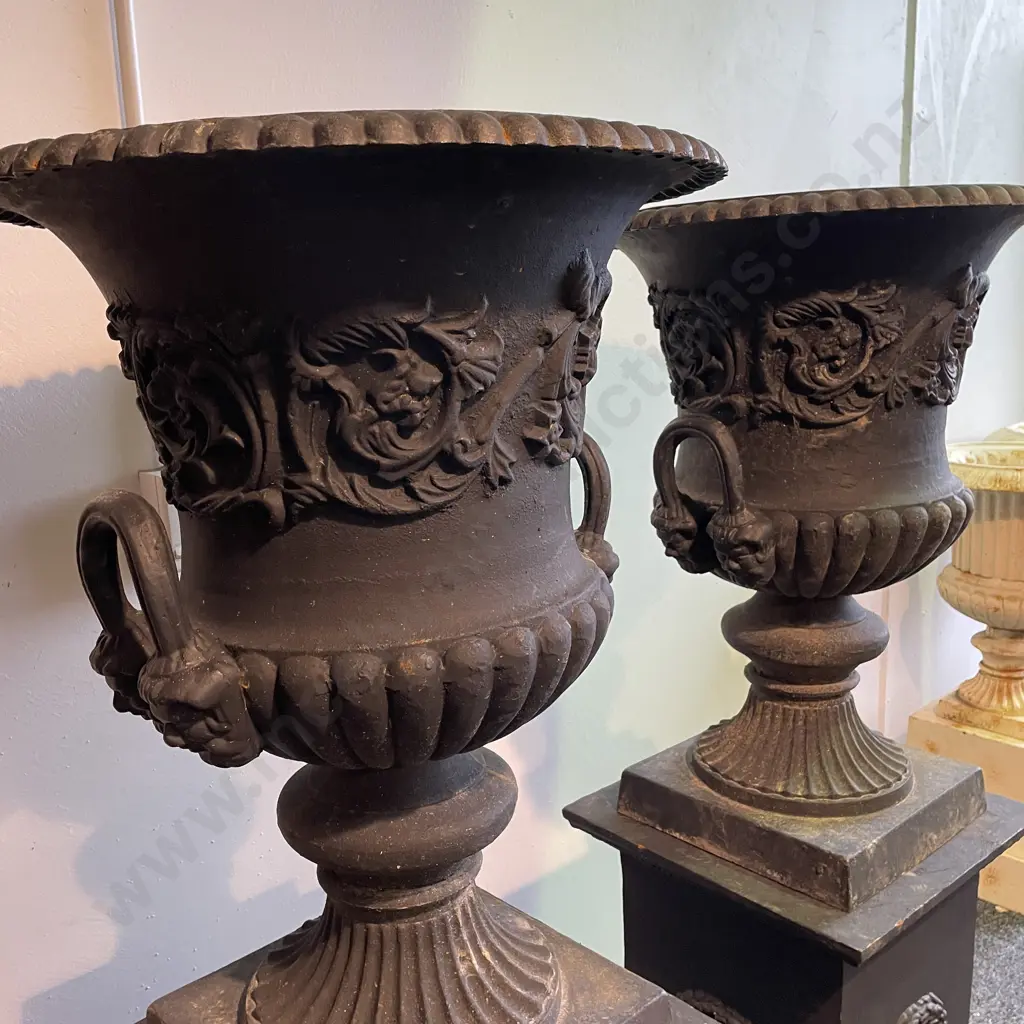 Pair Cast Iron Ornate Double Handled Garden Urns On Plinths, Charcoal, 77.5 x 56cm on 63 x 44 x 44cm Plinth, 144Kg each Image 1++