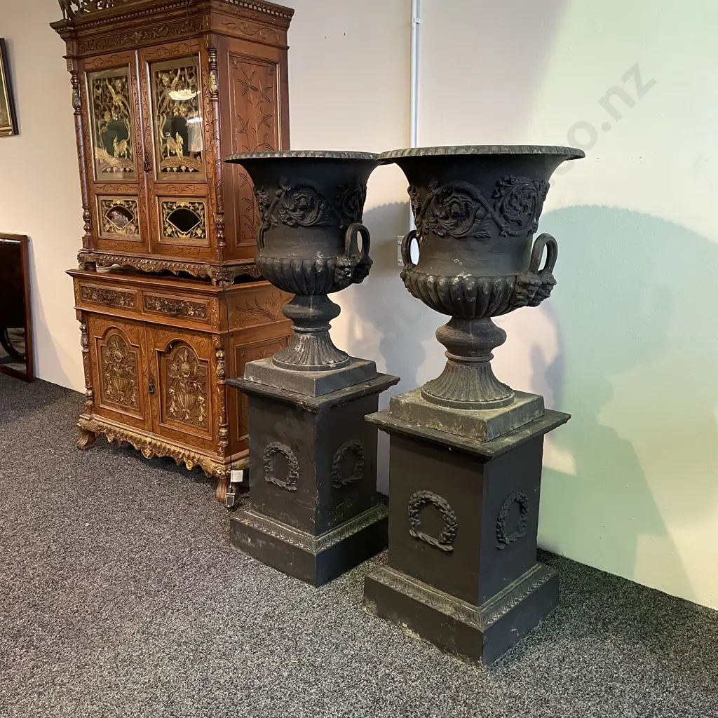 Pair Cast Iron Ornate Double Handled Garden Urns On Plinths, Charcoal, 77.5 x 56cm on 63 x 44 x 44cm Plinth, 144Kg each Image 1++