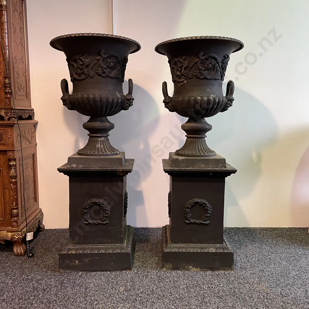 Pair Cast Iron Ornate Double Handled Garden Urns On Plinths, Charcoal, 77.5 x 56cm on 63 x 44 x 44cm Plinth, 144Kg each Image 1++