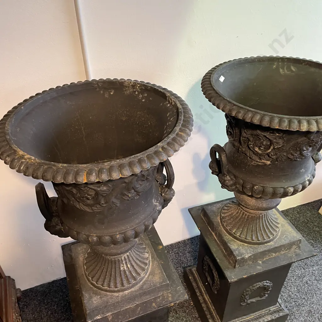 Pair Cast Iron Ornate Double Handled Garden Urns On Plinths, Charcoal, 77.5 x 56cm on 63 x 44 x 44cm Plinth, 144Kg each Image 1++