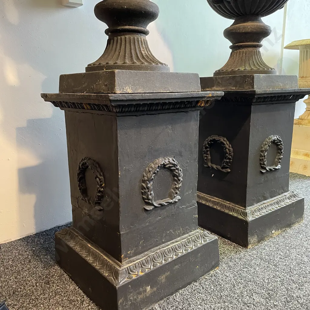 Pair Cast Iron Ornate Double Handled Garden Urns On Plinths, Charcoal, 77.5 x 56cm on 63 x 44 x 44cm Plinth, 144Kg each Image 1++