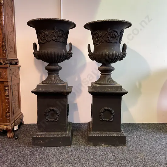 Pair Cast Iron Ornate Double Handled Garden Urns On Plinths, Charcoal, 77.5 x 56cm on 63 x 44 x 44cm Plinth, 144Kg each