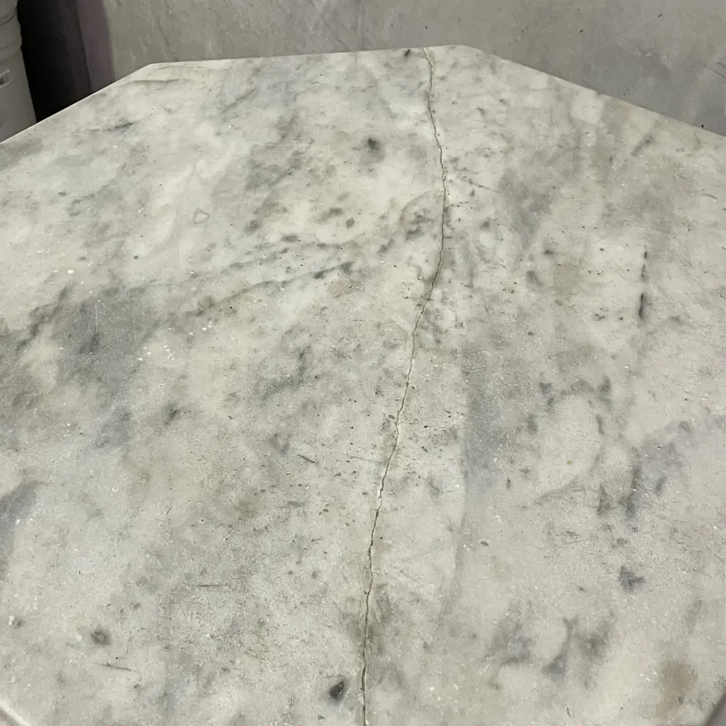 Antique Solid Wood Carved Quad base table with mottled grey removable marble top (marble has repair) H76 Dia76cm Image 1++