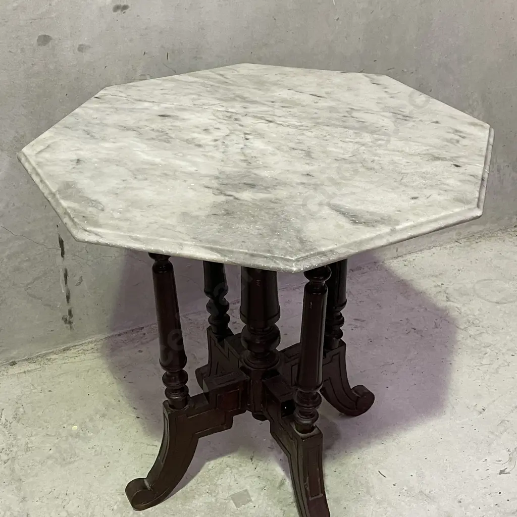 Antique Solid Wood Carved Quad base table with mottled grey removable marble top (marble has repair) H76 Dia76cm Image 1++