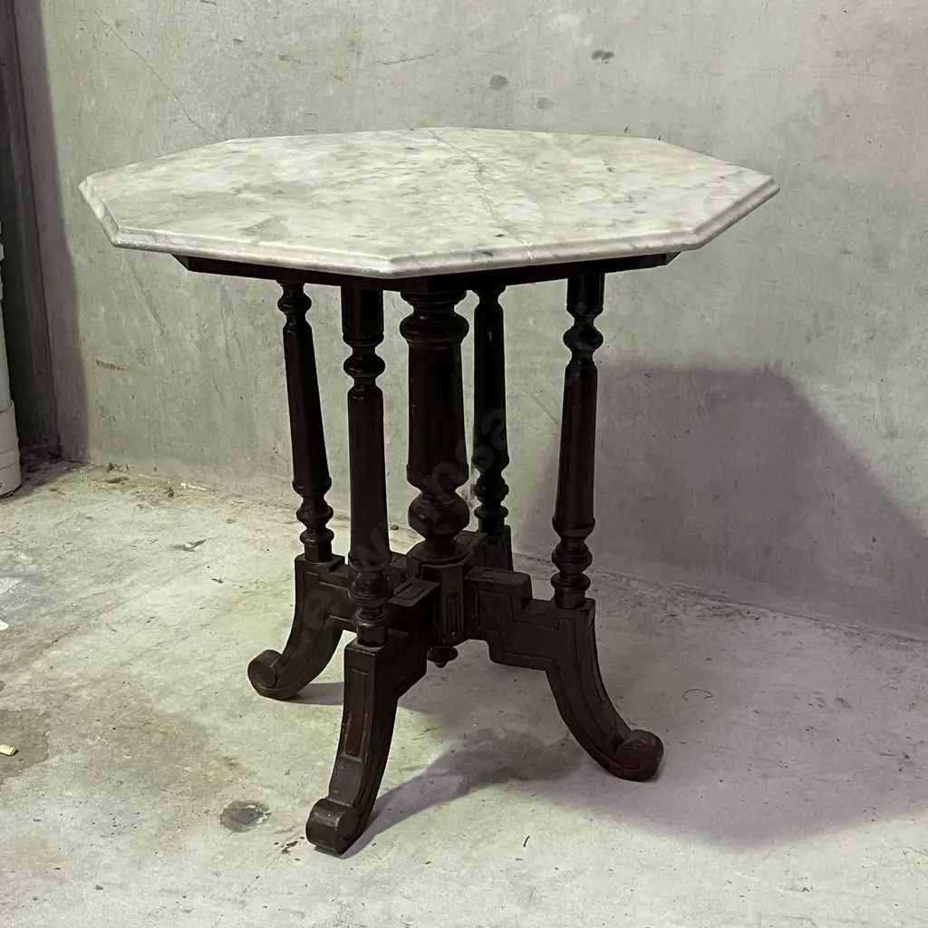 Antique Solid Wood Carved Quad base table with mottled grey removable marble top (marble has repair) H76 Dia76cm Image 1++